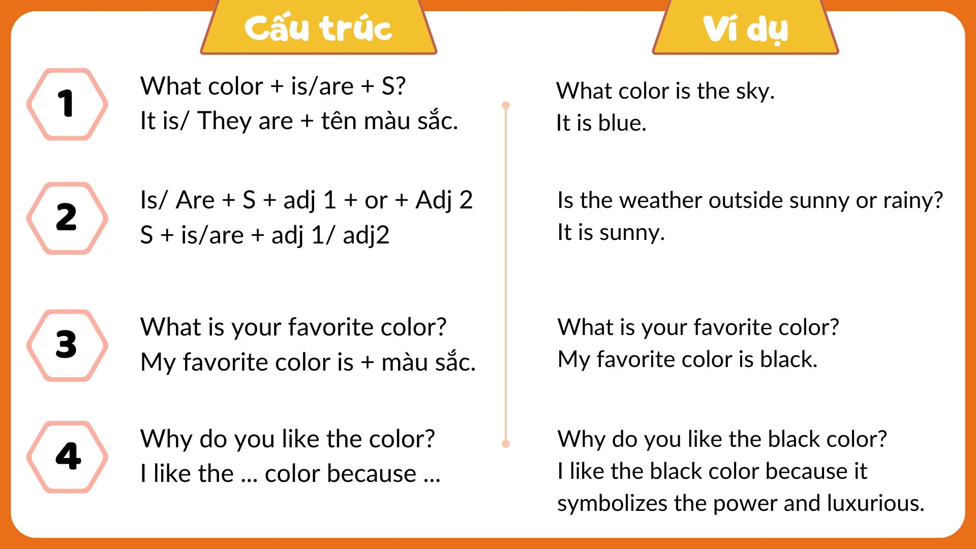 Một số loại câu thường dùng để hỏi, mô tả về màu sắc