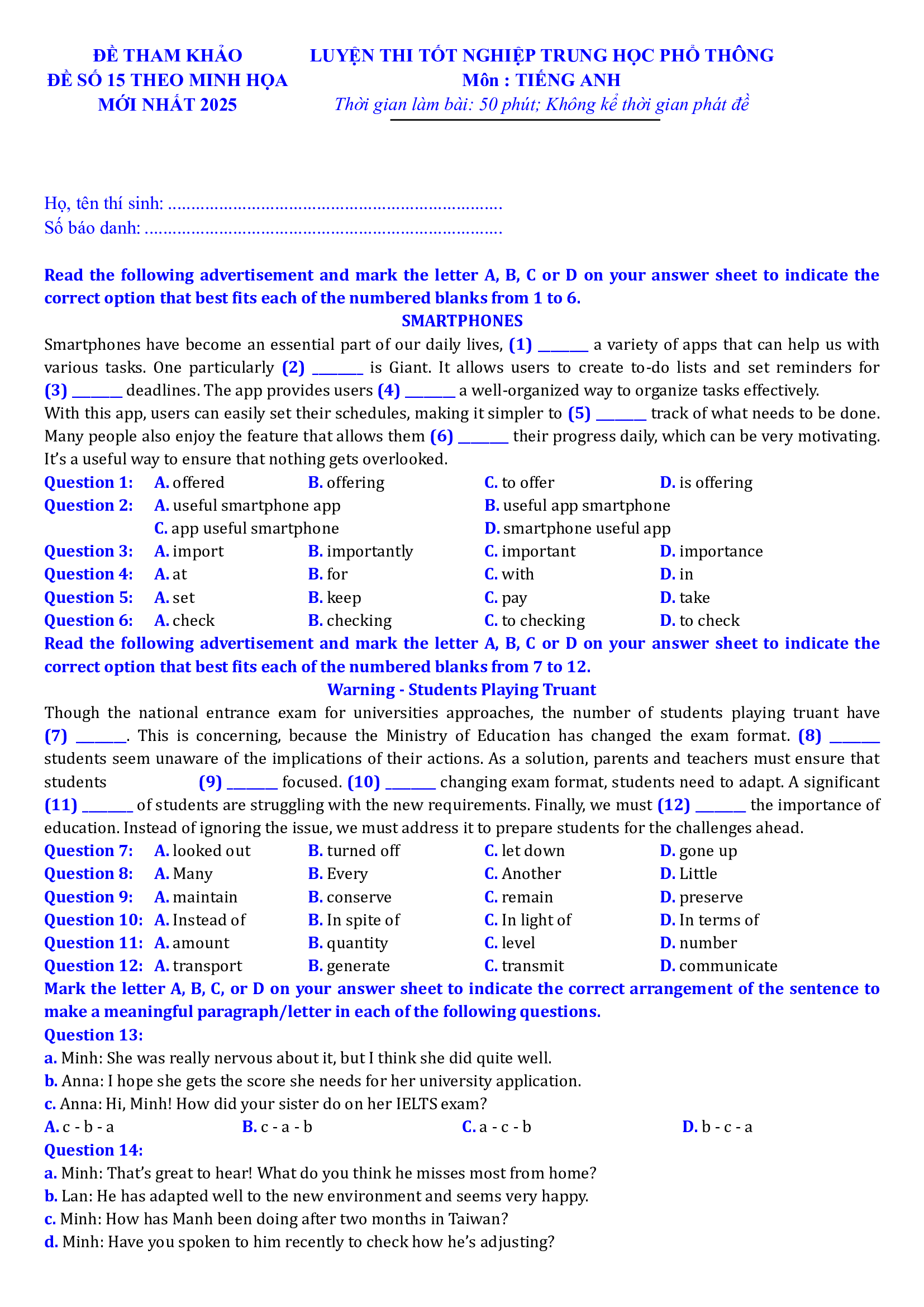 Hướng dẫn làm đề thi tốt nghiệp THPT Tiếng Anh số 15 1