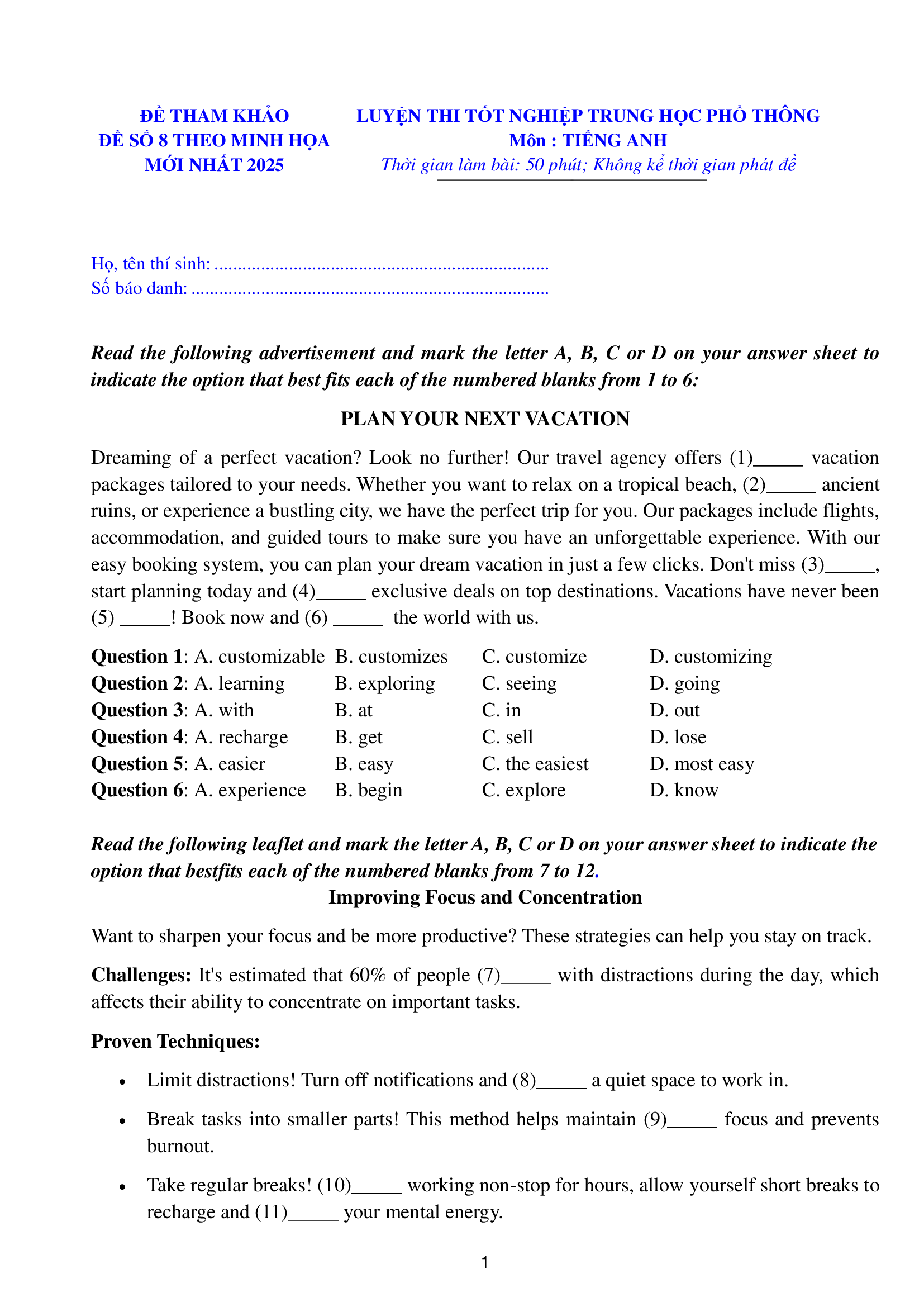 trang 1 đề thi tốt nghiệp THPT Tiếng Anh số 08