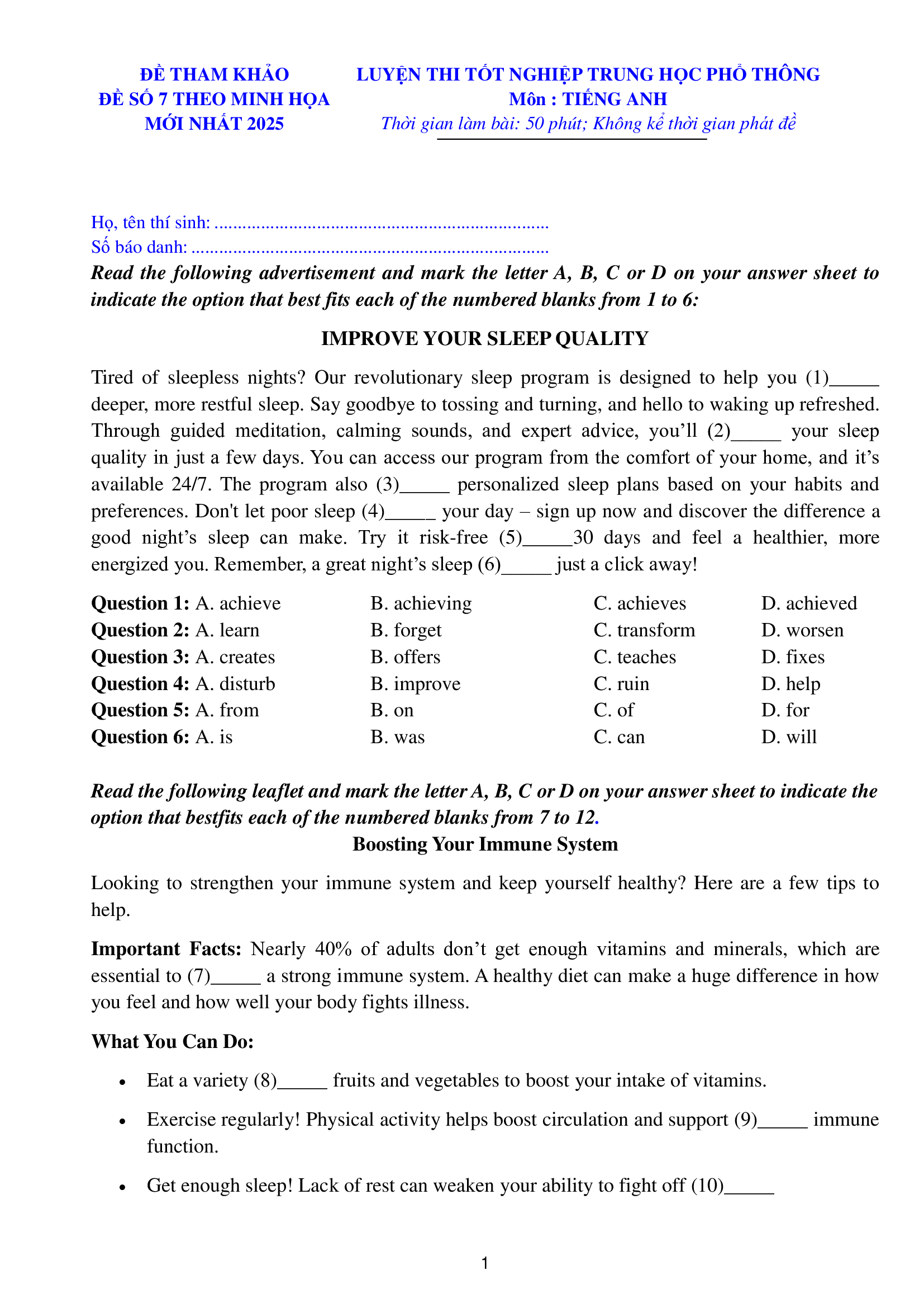 trang 1 đề thi tốt nghiệp THPT Tiếng Anh số 07