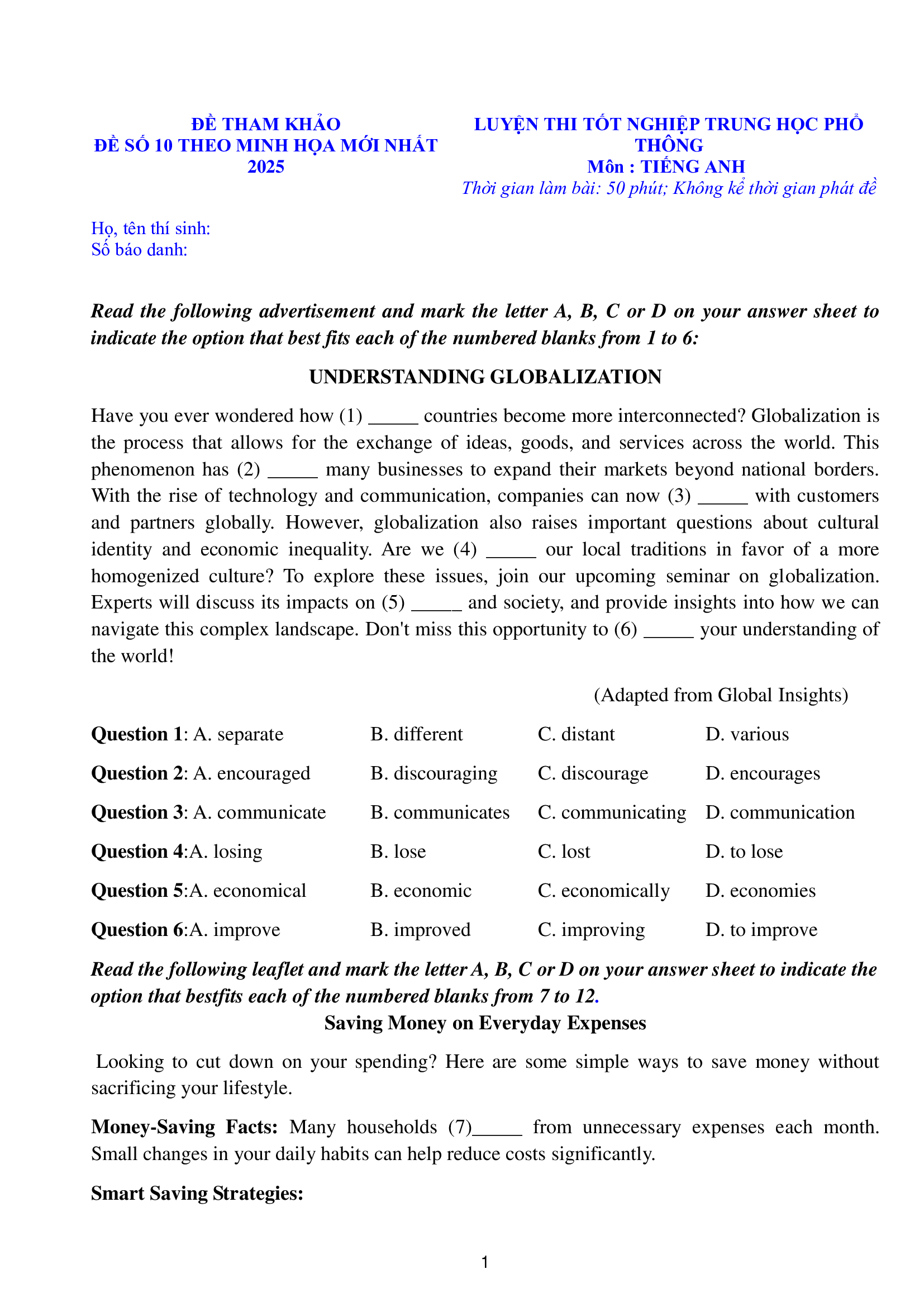 TRANG 1 đề thi tốt nghiệp THPT Tiếng Anh số 10