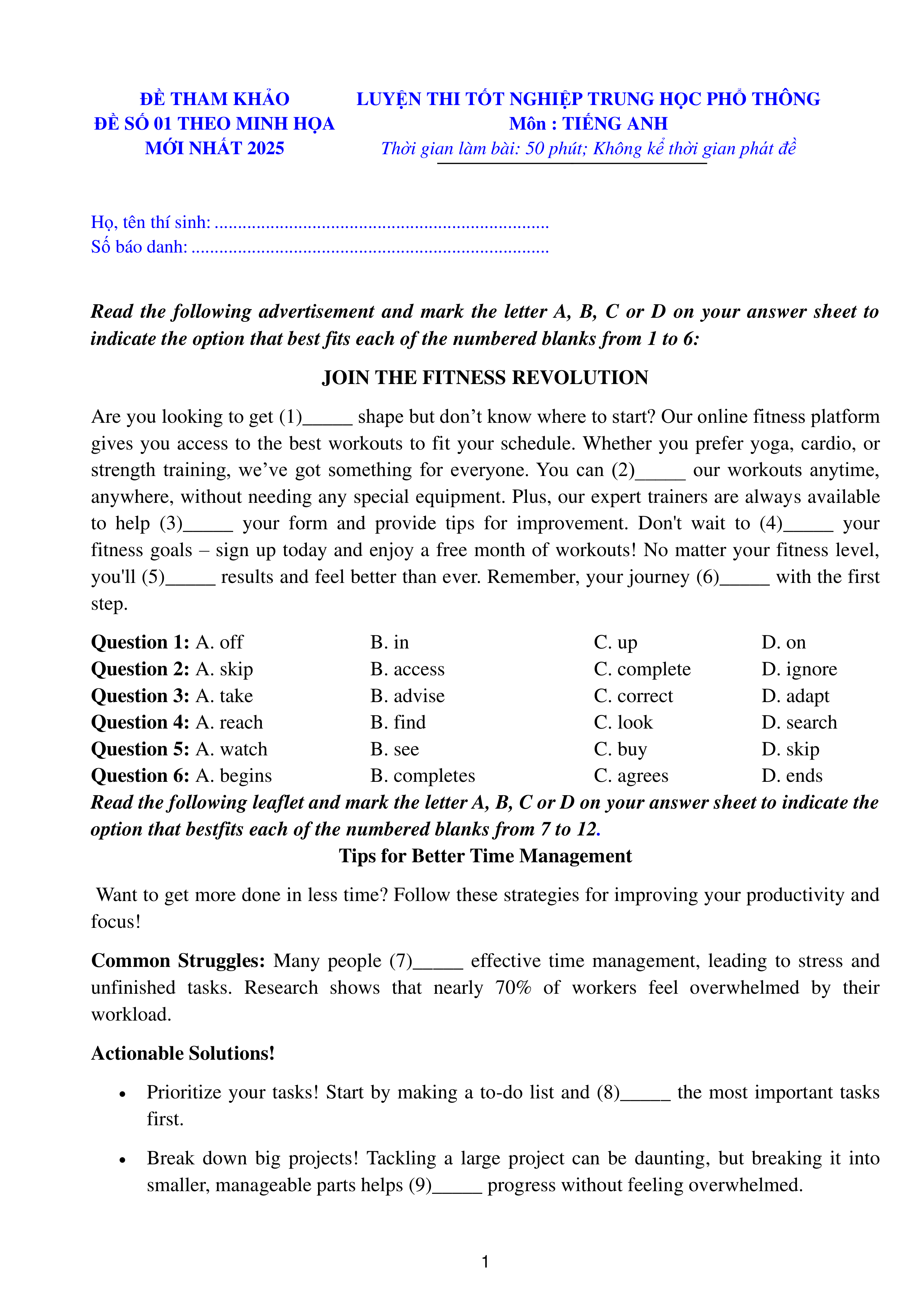 trang 1 đề thi tốt nghiệp THPT Tiếng Anh