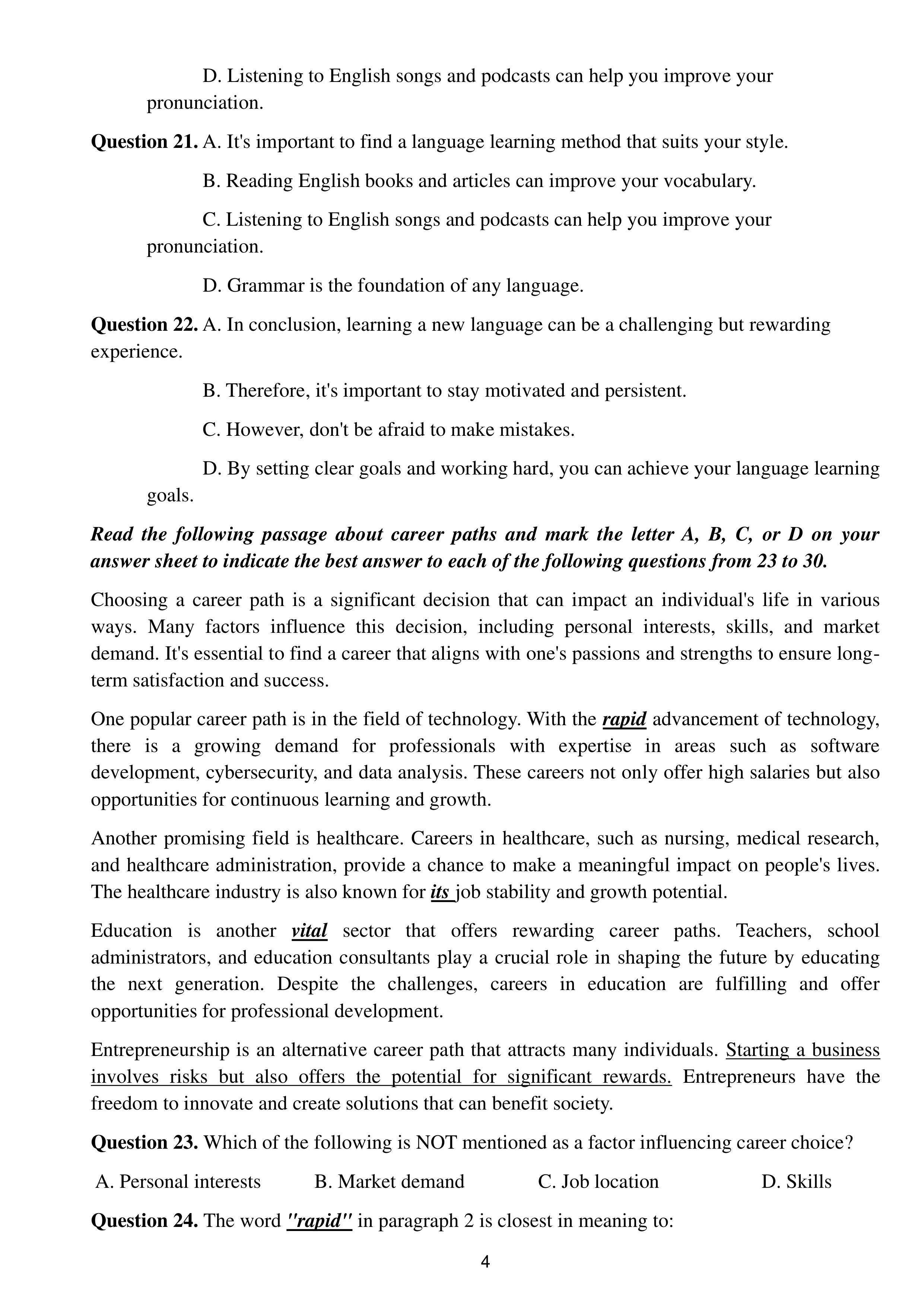 trang 4 đề thi tốt nghiệp THPT Tiếng Anh
