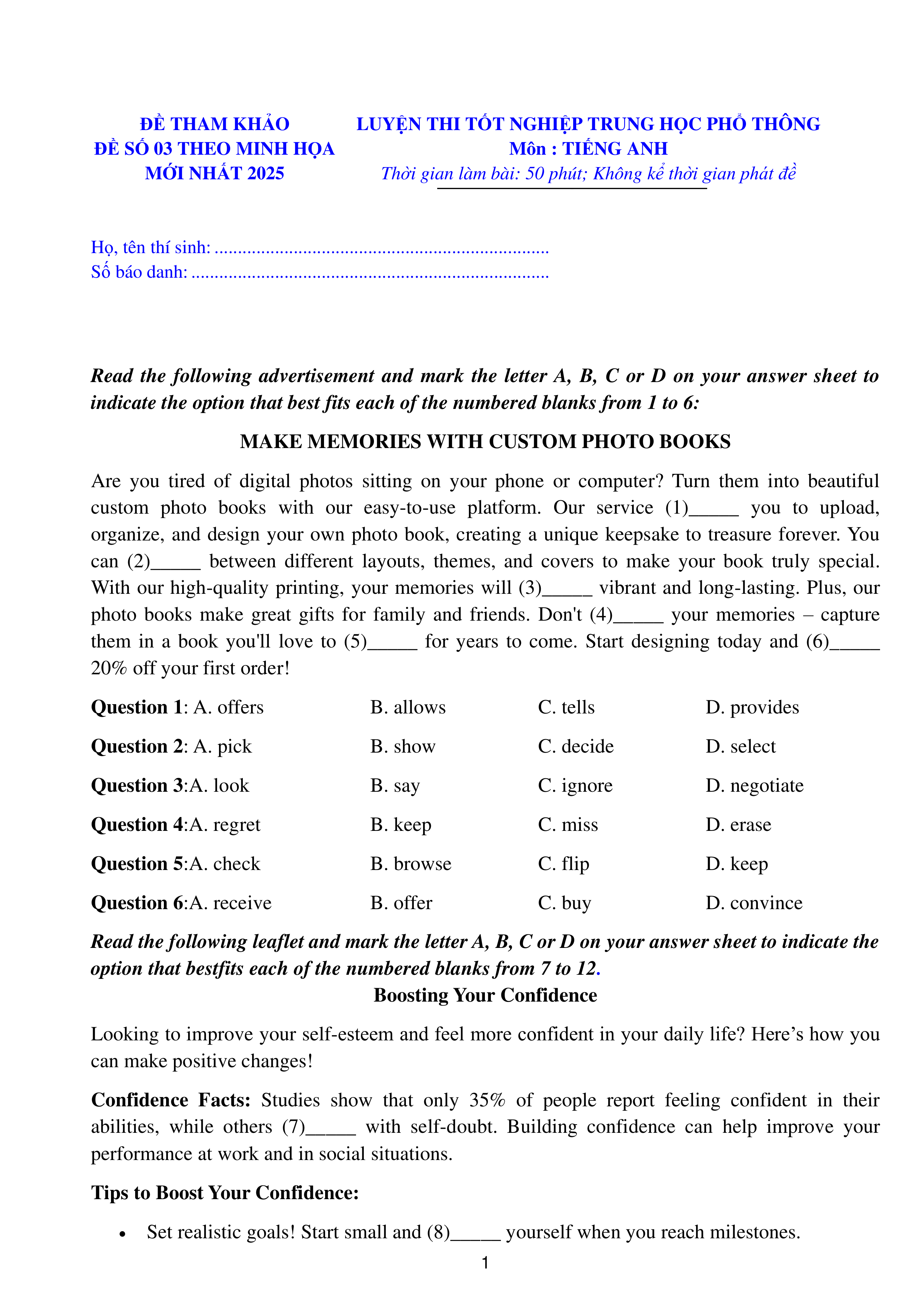trang 1 đề thi tốt nghiệp THPT Tiếng Anh số 03