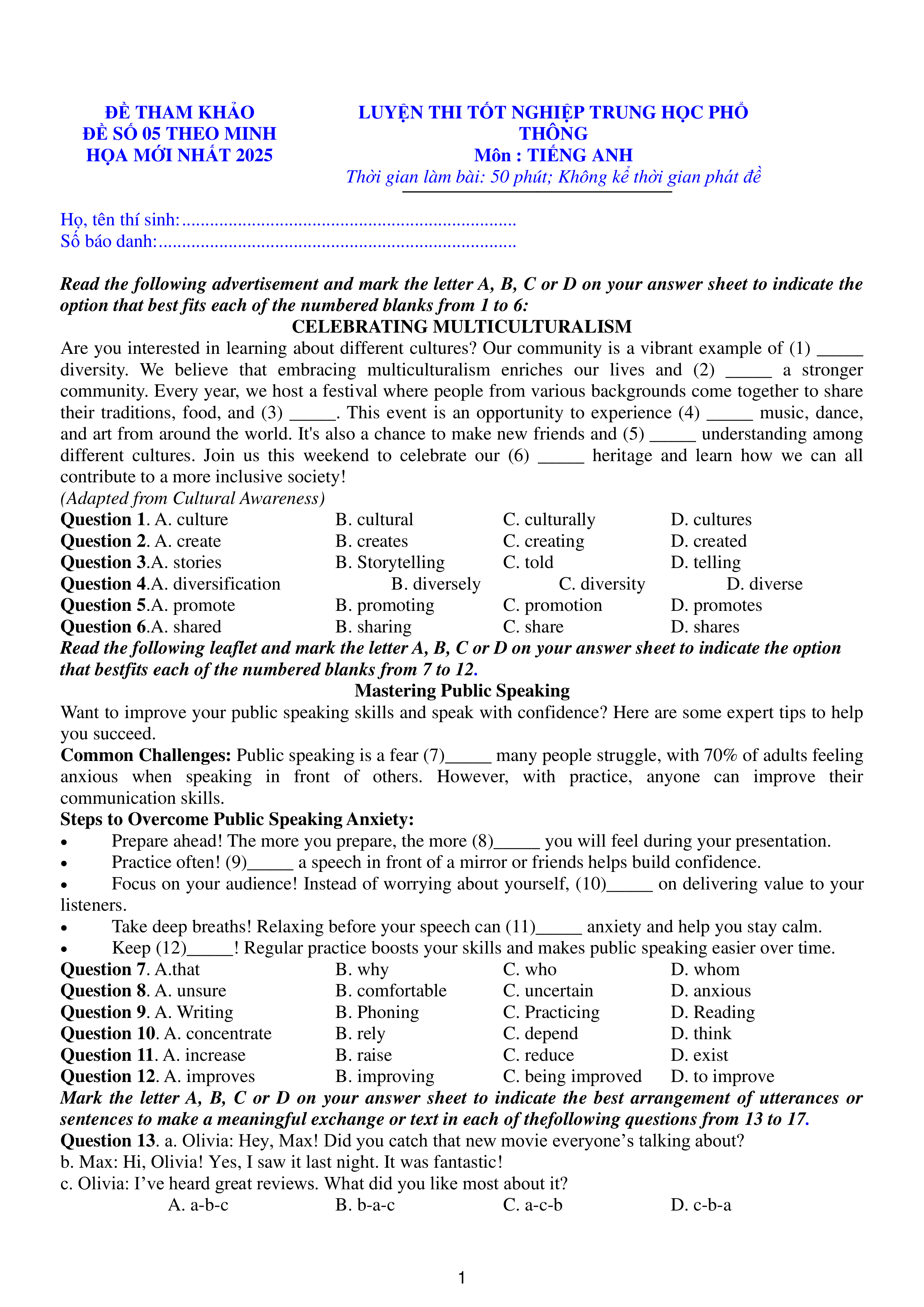 trang 1 đề thi tốt nghiệp THPT Tiếng Anh số 05