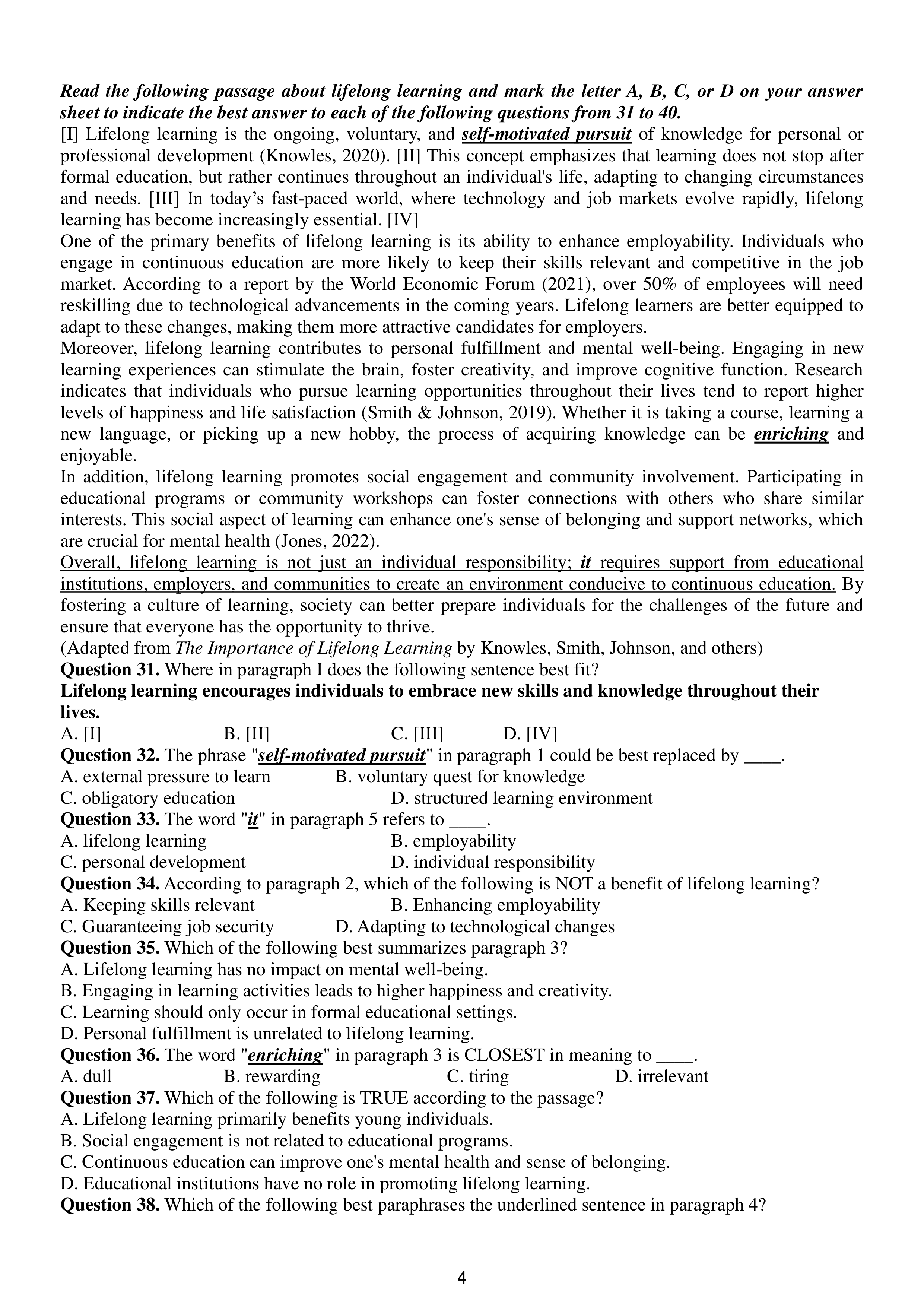 trang 4 đề thi tốt nghiệp THPT Tiếng Anh số 05