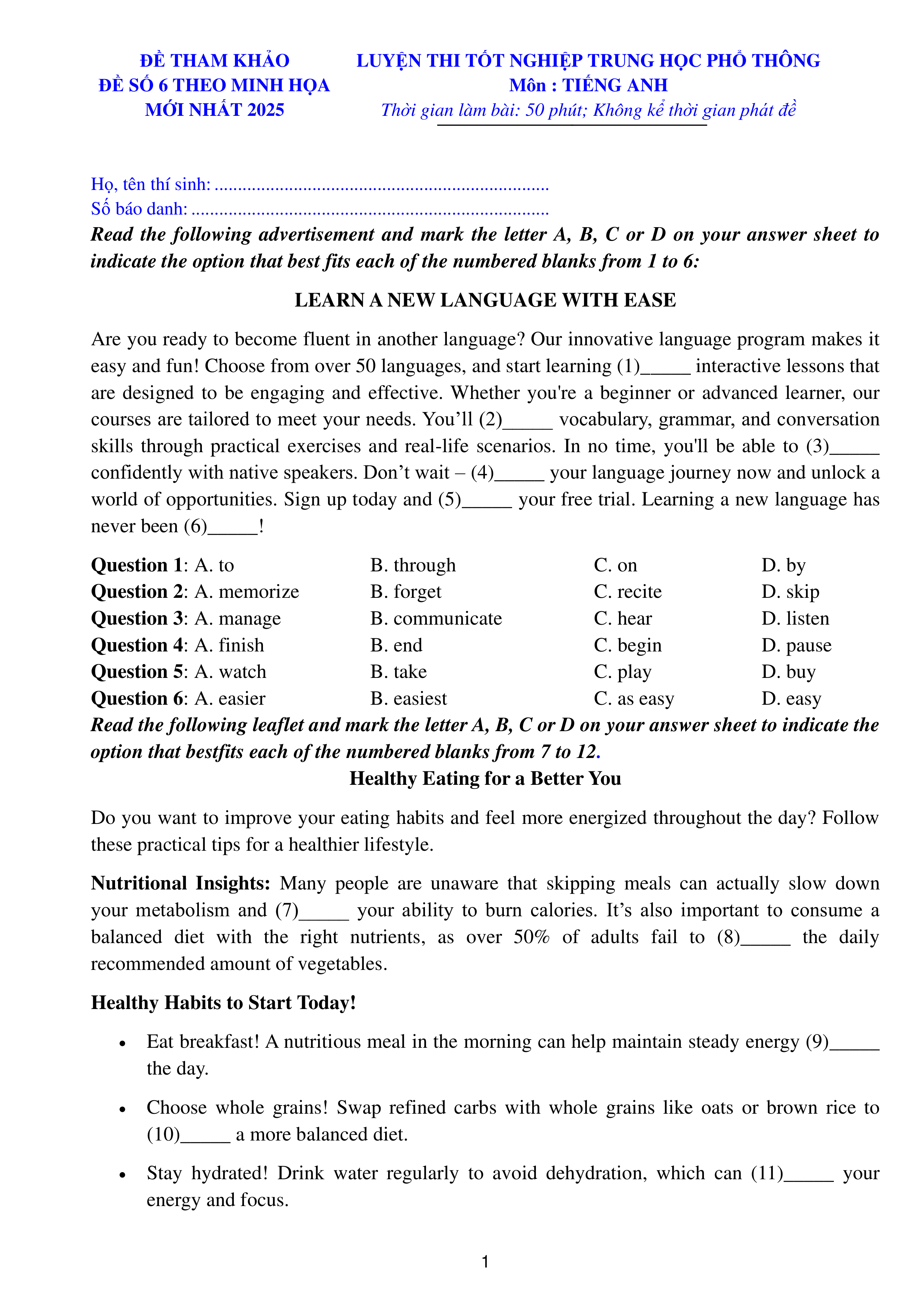 đề thi tốt nghiệp THPT Tiếng Anh số 06 TRANG 1